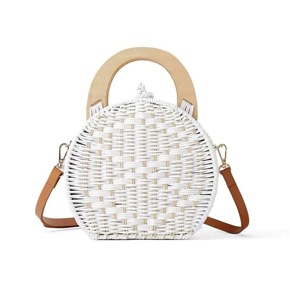 New Ladies Shoulder Bags Fashion Wooden Handle Rattan Knit Bags Weaving Straw Bags